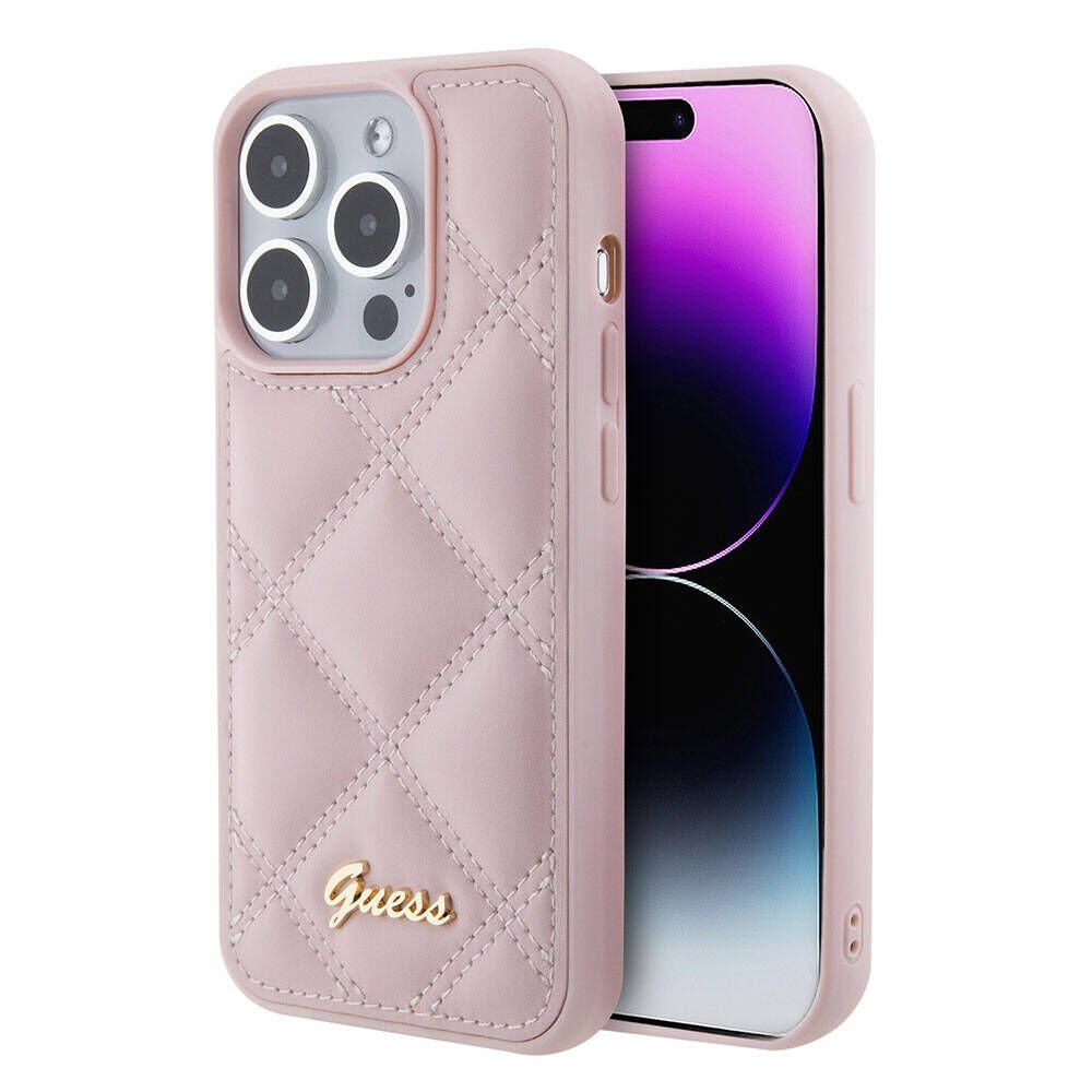 Apple iPhone 15 Pro Max Kılıf Guess Orjinal Lisanslı PU Deri Metal Yazı Logolu Kapitone Kapak