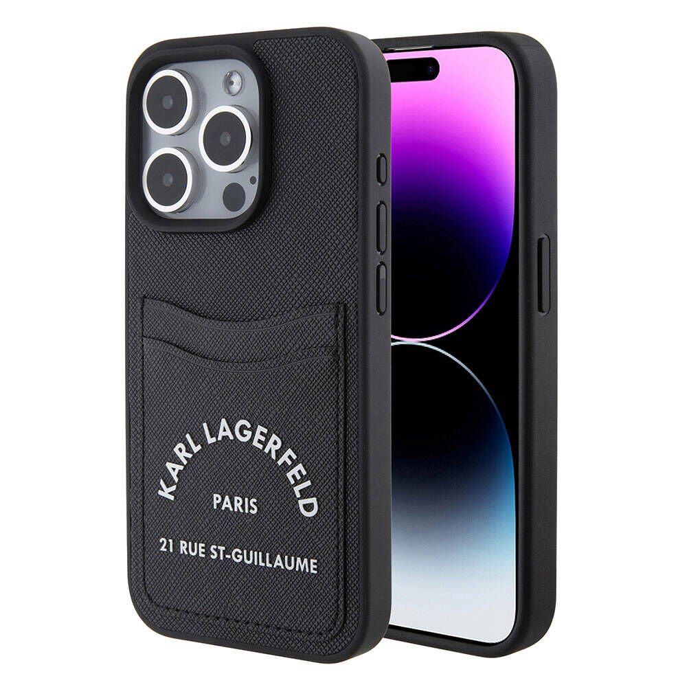 Apple iPhone 15 Pro Kılıf Karl Lagerfeld Kartlıklı Saffiano 3D RSG Logo Orjinal Lisanslı Kapak