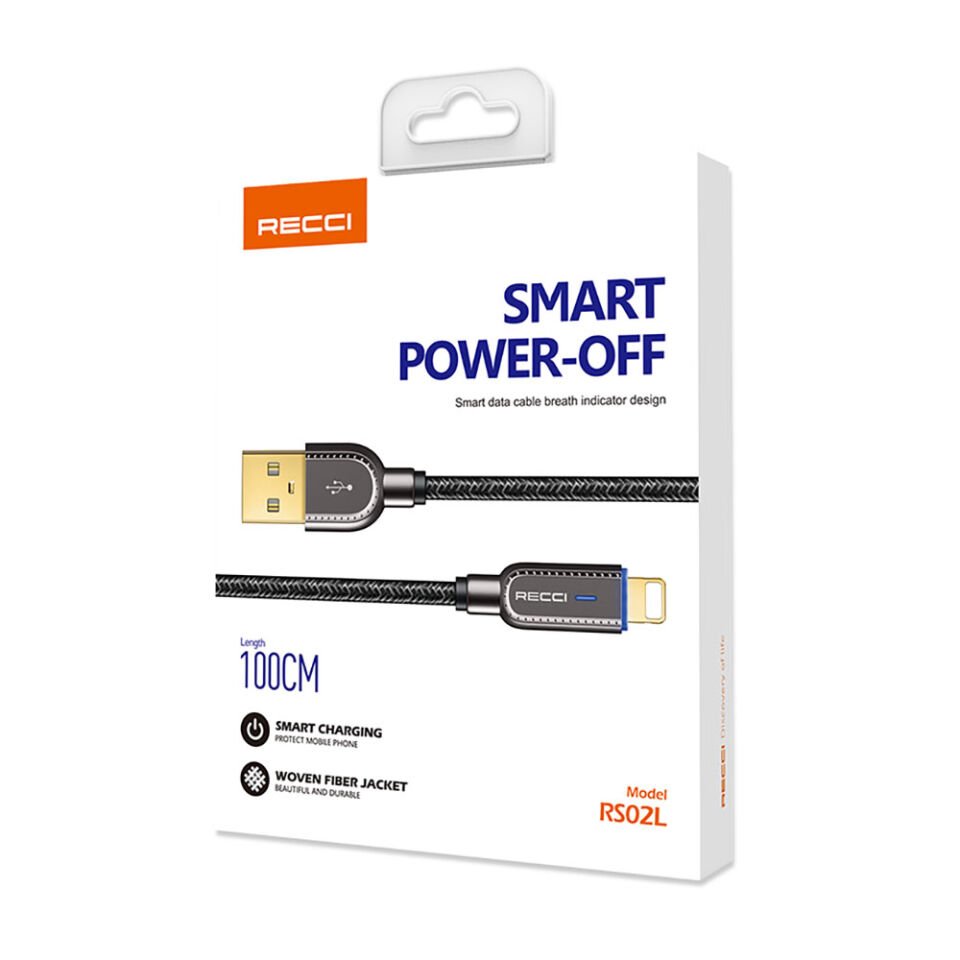 Recci RS02L Smart Power-Off Serisi Hızlı Şarj Özellikli Lightning To USB-A Kablo 1M