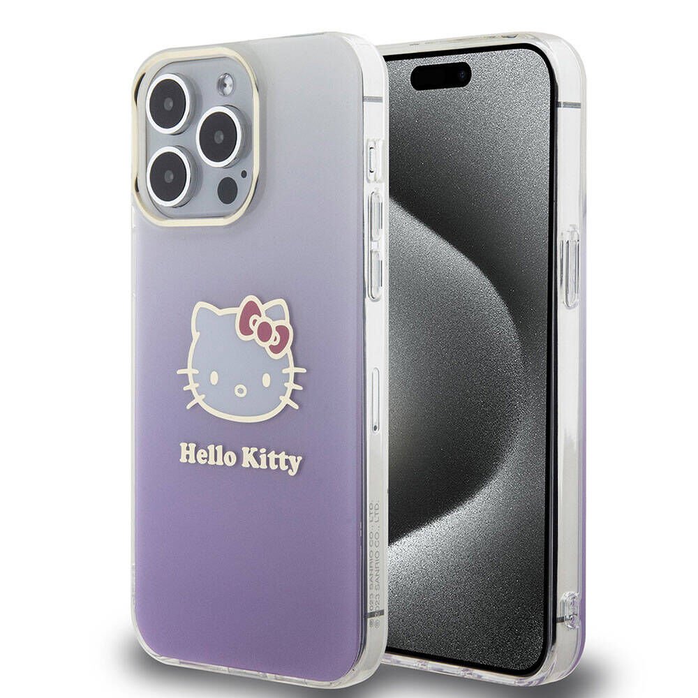 Apple iPhone 15 Pro Max Kılıf Hello Kitty Orjinal Lisanslı Yazı ve İkonik Logolu Elektroplating Kaplama Gradyan Kapak