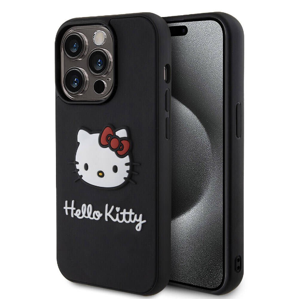 Apple iPhone 15 Pro Max Kılıf Hello Kitty Orjinal Lisanslı Yazı ve İkonik Logolu 3D Rubber Kitty Head Kapak